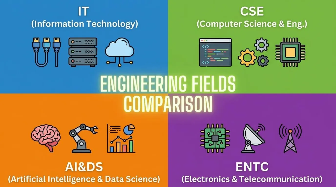 Engineering students comparing IT vs CSE vs AI&DS vs ENTC branches in India
