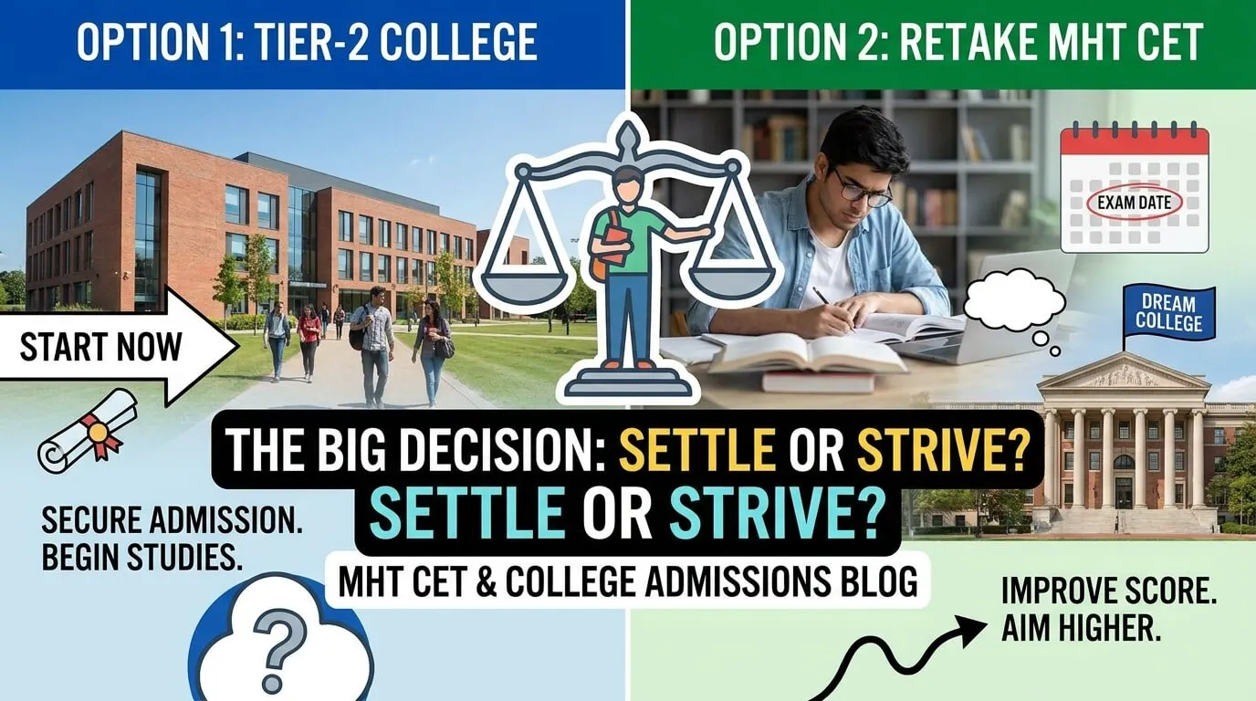 Student at a crossroads choosing between a Tier-2 college and retaking MHT CET